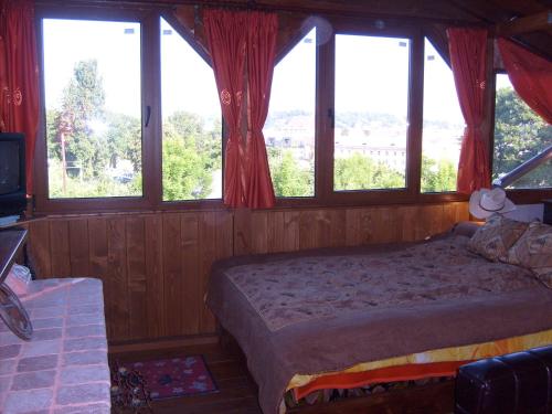 Schlafzimmer mit einem Bett mit Fenstern und einem TV in der Unterkunft Transylvania Cowboy Cottage in Cluj-Napoca