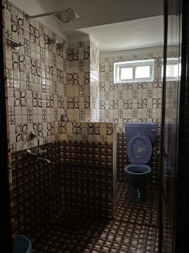 a bathroom with a blue toilet and a shower at Solace Suites in Dispur