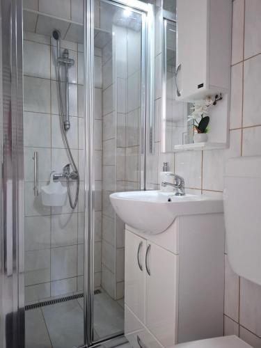 a white bathroom with a sink and a shower at Studio apartman Mirta II in Varaždin