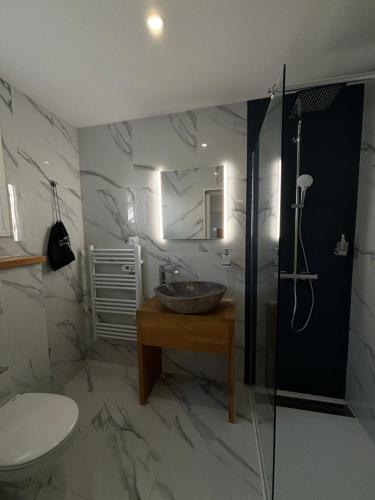 une salle de bain avec un lavabo, une douche et des toilettes dans l'établissement L'Hôtel De La Plage, au Grau-du-Roi