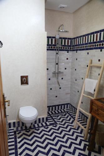a bathroom with a shower and a toilet in it at Imsouane WOOD HOUSE in Imsouane