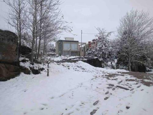 a snow covered street with trees and a building at Casa Cabalango in Cavalango