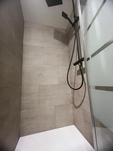 a shower with a glass door in a bathroom at Studio proche Moulins in Bressolles