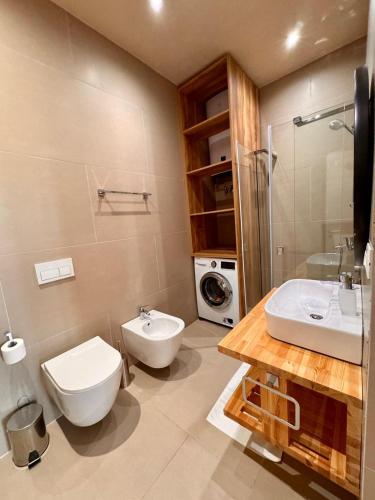 a bathroom with a toilet and a sink and a washing machine at Aquaterra, Green Coast in Palasë