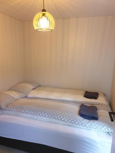 a large bed in a room with a chandelier at Hvammur 10 with private hot tub in Kaldrananes