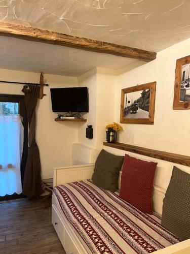 una camera da letto con un letto e una TV a parete di APPARTAMENT La locanda nel bosco a Mezzana
