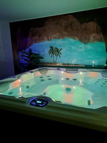 une grande baignoire jacuzzi dans une chambre avec un aquarium dans l'établissement So'Lovely maison entièrement privative avec jacuzzi à 10mn de Caen et 20mn des plages, à Vieux
