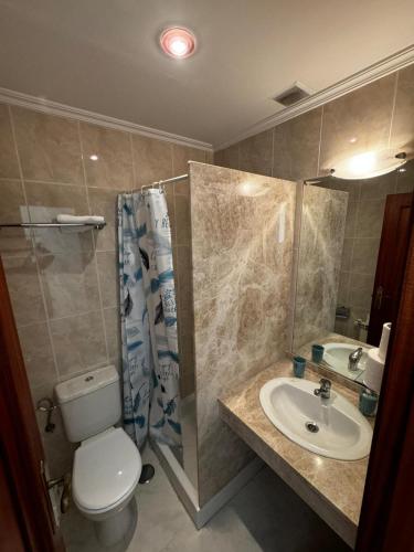 a bathroom with a toilet and a sink and a shower at Hostal Chocolate & Menta Redondela in Redondela