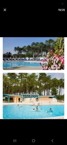 - deux photos d'une piscine avec des gens dans l'établissement Chez Gill & Clo, à Saint-Julien-en-Born