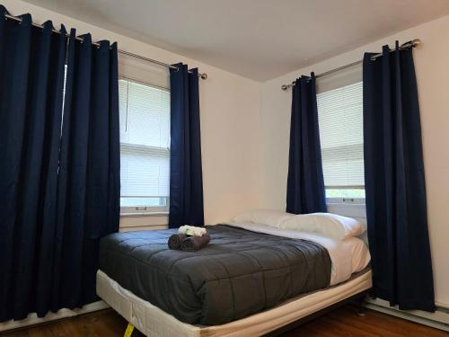a bedroom with blue curtains and a bed with a purse at Private rooms in Rochester home- Near Hospitals and Universities in Rochester
