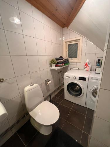 a bathroom with a toilet and a washing machine at Stuga 1 in Arvidsjaur