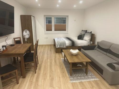 a living room with a couch and a bed at Apartment na Kowańcu in Nowy Targ