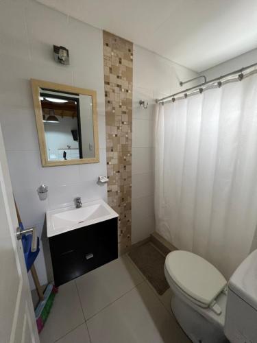 a bathroom with a toilet and a sink and a mirror at Lo de Hugo in Muñiz