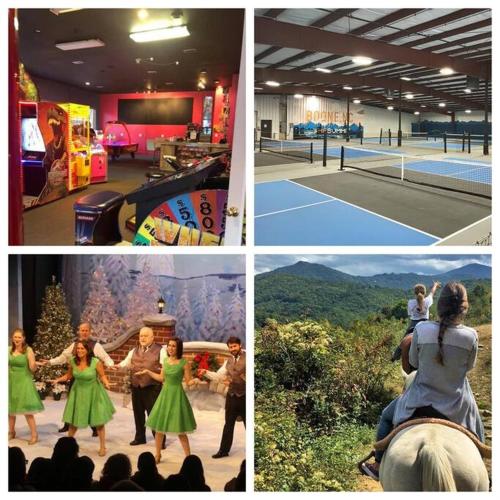 a collage of four pictures of people dancing at 1MMView-2Kings-HotTub-PoolTable-Arcade-Waterfall in Seven Devils
