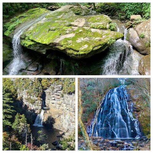 a collage of three pictures of a waterfall at 1MMView-2Kings-HotTub-PoolTable-Arcade-Waterfall in Seven Devils