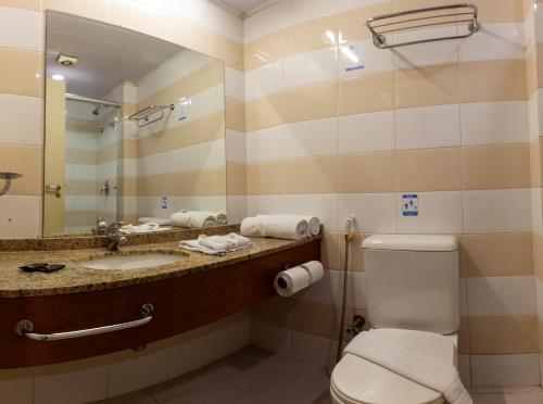 a bathroom with a toilet and a sink and a mirror at Rede Andrade CWB in Curitiba
