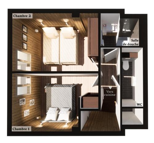 - un plan d'étage d'un petit appartement avec une chambre dans l'établissement Résidence Le Soleil Levant - Appartement Loulou - 4 personnes - Morzine centre MAE-4051, à Morzine