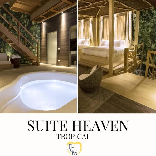two pictures of a spa room with a bath tub and a bedroom at Emotional Grand Motel in Fontaneto dʼAgogna