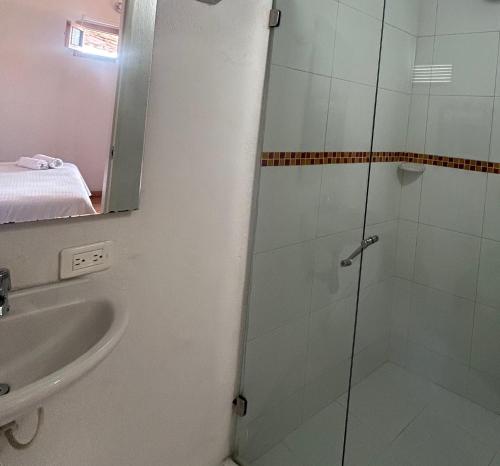 a bathroom with a shower and a sink at Zana Hotel Boutique in Bogotá