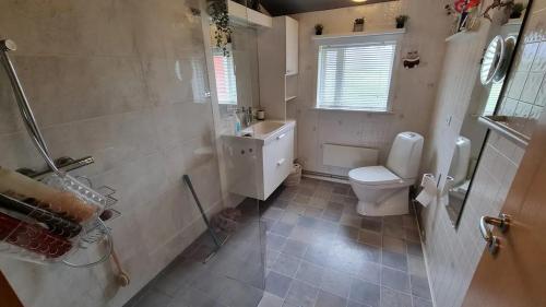 Un baño con inodoro, lavabo y ducha. en Laufás Guesthouse, en Hellissandur