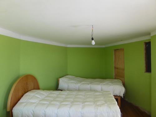 a green bedroom with two beds in it at Hostal Amanecer in Comunidad Yumani