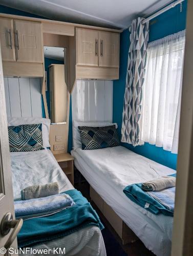 two beds in a room with blue walls and windows at Sunflower in Lytchett Minster