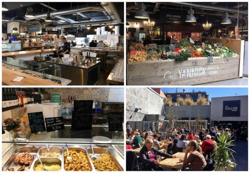 un collage de photos d'un marché avec des gens assis à table dans l'établissement Appartement charmant et lumineux, à Perpignan