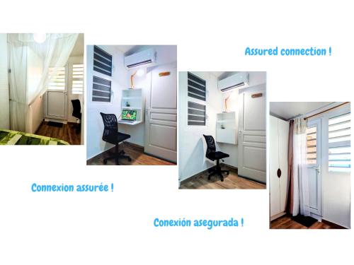 a collage of four pictures of a room with a door at L'Escapade Antillaise, T2 calme, proche de tout, jardin in Baie-Mahault