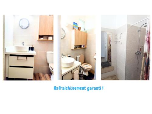 two pictures of a bathroom with a sink and a toilet at L'Escapade Antillaise, T2 calme, proche de tout, jardin in Baie-Mahault