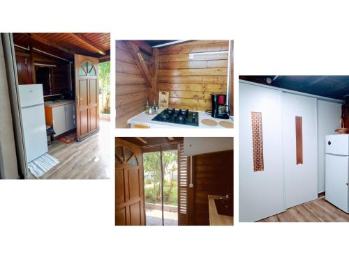 a collage of photos of a kitchen and a house at L'Escapade Antillaise, T2 calme, proche de tout, jardin in Baie-Mahault
