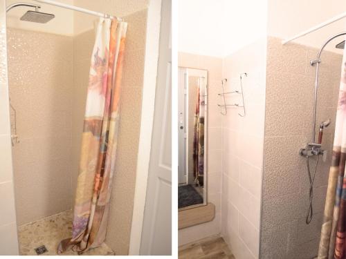 two pictures of a shower in a bathroom at L'Escapade Antillaise, T2 calme, proche de tout, jardin in Baie-Mahault