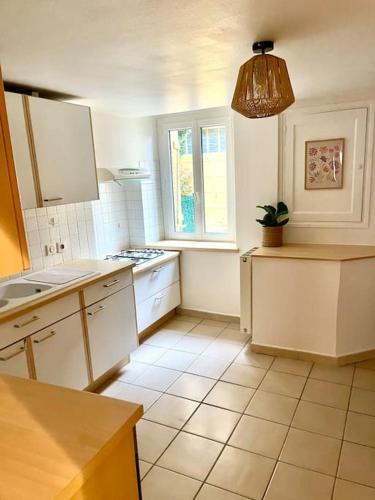 une cuisine avec des placards blancs et une plante en pot dans l'établissement Maison à 7 min de Dijon, à Ruffey-lès-Échirey