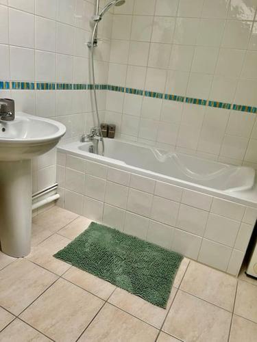 La salle de bains est pourvue d'une baignoire, d'un lavabo et d'un tapis vert. dans l'établissement Maison à 7 min de Dijon, à Ruffey-lès-Échirey