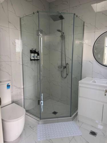 a bathroom with a shower with a toilet and a sink at Luxury Villa- Long Bay Manhattan in Auckland