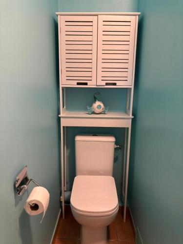a bathroom with a toilet with a cabinet above it at Couleur caraïbes-Ti créole appartement pierre et vacances accès plage et piscine in Sainte-Luce