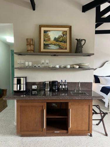 a kitchen with a counter with a sink and a counter top at Boutique Hotel La Casona in Valle de Ángeles