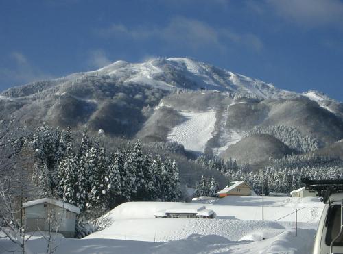 a mountain covered in snow with trees and houses at Oyado Hisaya in Kami