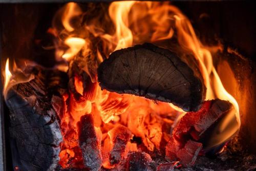 a piece of meat is cooking in a fire at 自然と遊ぶ古民家宿 石鎚別荘ハレとあお in Komatsu