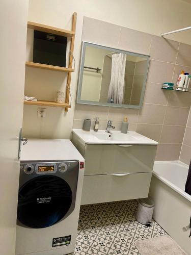 La petite salle de bains est pourvue d'un lavabo et d'un lave-linge. dans l'établissement Evasion Paris Orly T2 Charmant et Cosy, à Thiais