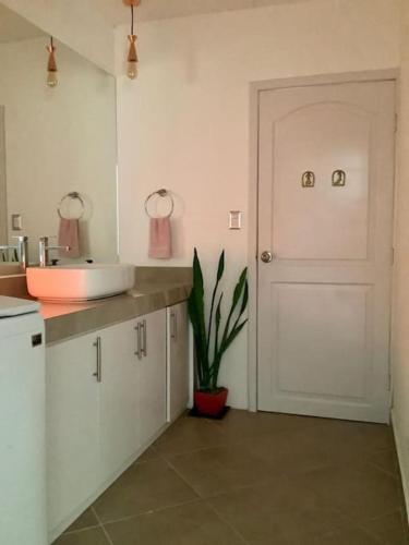 a bathroom with a sink and a door with a plant at VillaLore piscina exclusiva BBQ AC max 11 personas 5min playas in Carpintero