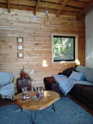 a living room with a couch and a table at Cabaña con vista al Lago Colico in Puerto Corrales