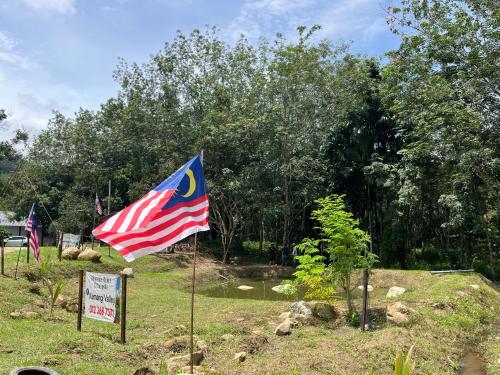 a flag in a yard next to a pond at River Chalet Kemangi Valley Baling in Kampong Kemangi