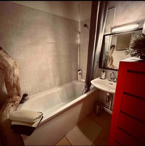une salle de bain avec une baignoire et un lavabo dans l'établissement Au Soleil Levant, à Calais