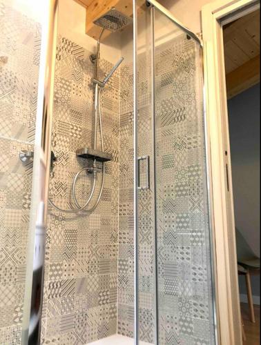a shower with a glass door in a bathroom at Mini Alloggi Il Vigneto del Borgo in Due Carrare