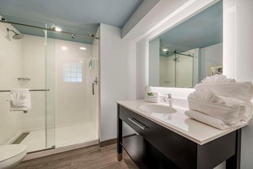 a bathroom with a sink and a shower and a toilet at Heidel House Hotel and Conference Center, an Ascend Collection Hotel in Green Lake