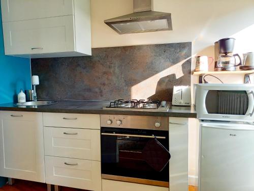 a kitchen with a stove and a microwave at LA ROCHETTE studio et appartement avec JACUZZI Rooftop Balcon cour intérieure in Roanne