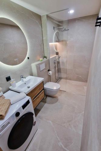 a bathroom with a shower and a sink and a toilet at Suur-Posti Apartments in Pärnu