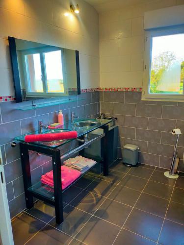 La salle de bains est pourvue d'un lavabo et de serviettes rouges. dans l'établissement Chambre d'Hôtes du Bois Joli, à Mesnard-la-Barotière