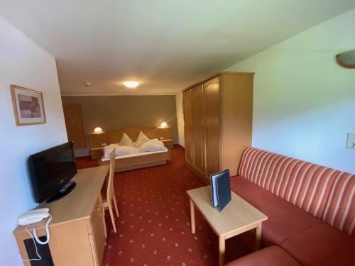 a hotel room with a couch and a television at Pension Edelweiss in Breitenbach