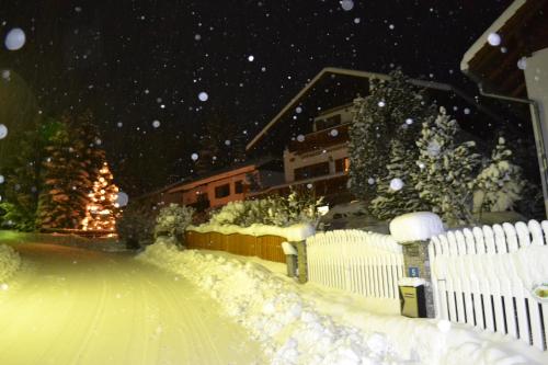 a snow covered yard with a fence and a christmas tree at Ferienwohnung Haus König in Türnitz